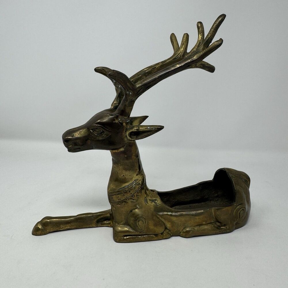 VTG Brass Deer Large Planter Figurine Christmas Reindeer MCM 10” Gold Holiday